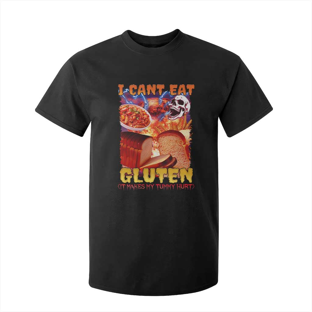 Funny Gluten Intolerance T Shirt For Kid I Can't Eat Gluten It Makes My Tummy Hurt Skeleton Meme TS02 Black Print Your Wear