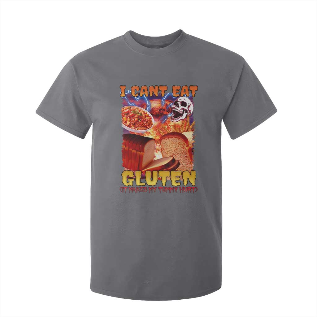 Funny Gluten Intolerance T Shirt For Kid I Can't Eat Gluten It Makes My Tummy Hurt Skeleton Meme TS02 Charcoal Print Your Wear
