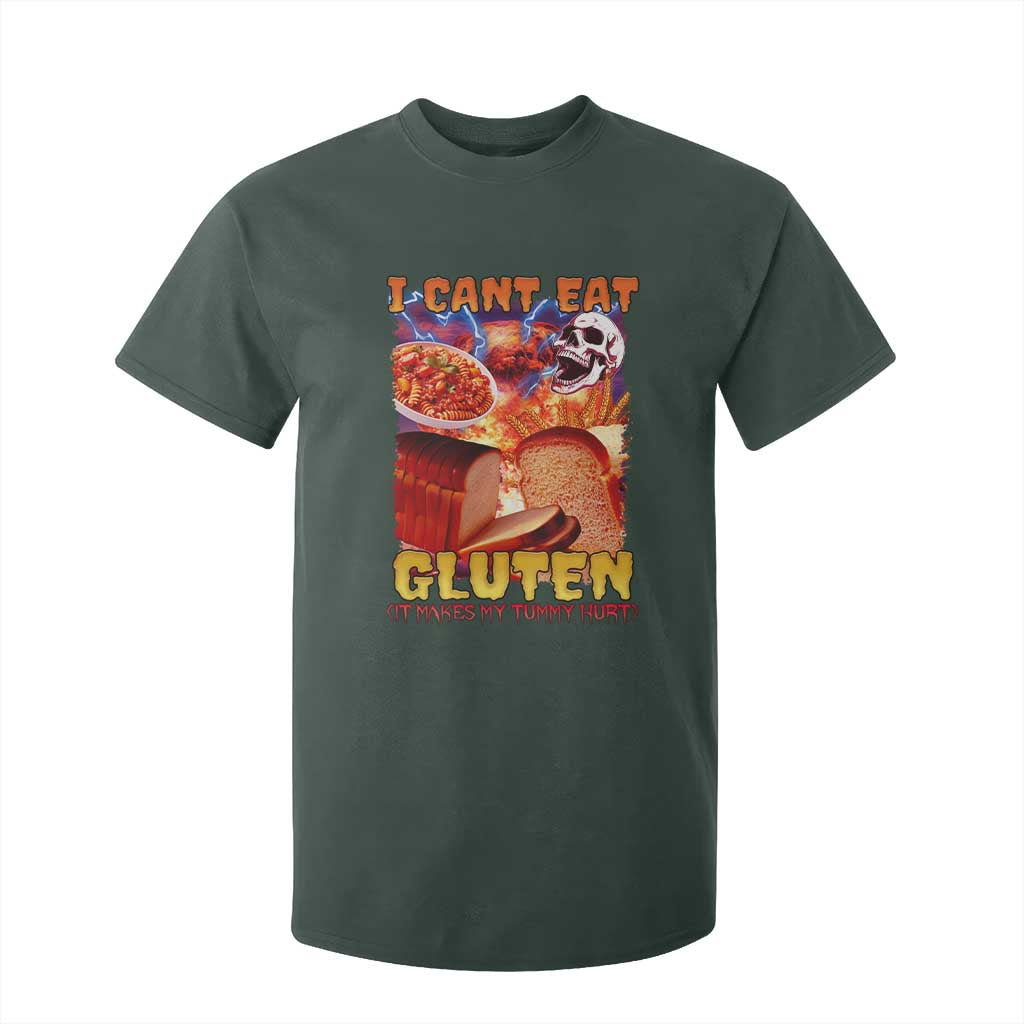 Funny Gluten Intolerance T Shirt For Kid I Can't Eat Gluten It Makes My Tummy Hurt Skeleton Meme TS02 Dark Forest Green Print Your Wear