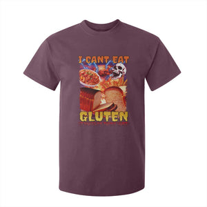 Funny Gluten Intolerance T Shirt For Kid I Can't Eat Gluten It Makes My Tummy Hurt Skeleton Meme TS02 Maroon Print Your Wear