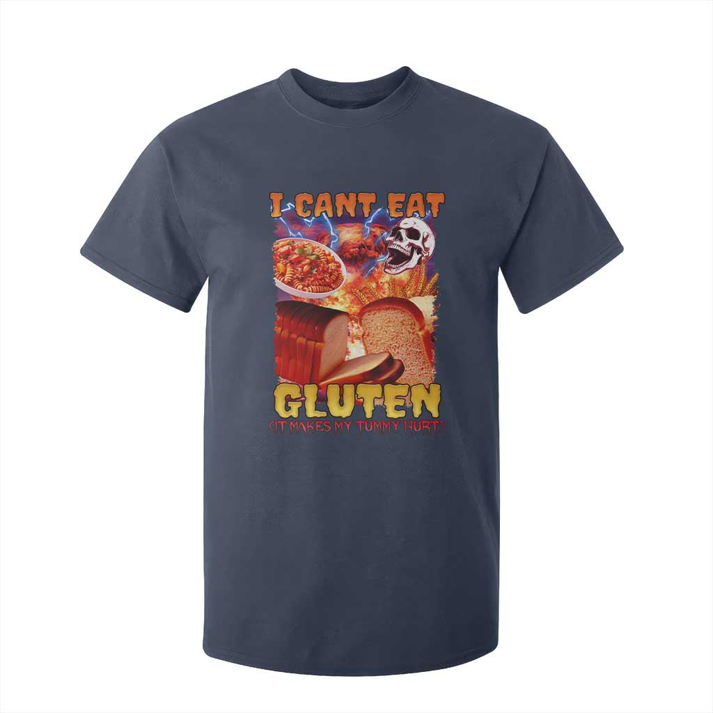 Funny Gluten Intolerance T Shirt For Kid I Can't Eat Gluten It Makes My Tummy Hurt Skeleton Meme TS02 Navy Print Your Wear