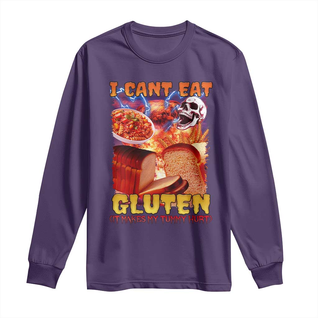 Funny Gluten Intolerance Long Sleeve Shirt I Can't Eat Gluten It Makes My Tummy Hurt Skeleton Meme TS02 Purple Print Your Wear