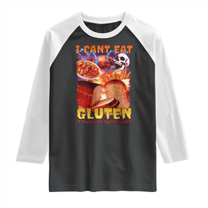 Funny Gluten Intolerance Raglan Shirt I Can't Eat Gluten It Makes My Tummy Hurt Skeleton Meme TS02 Black White Print Your Wear