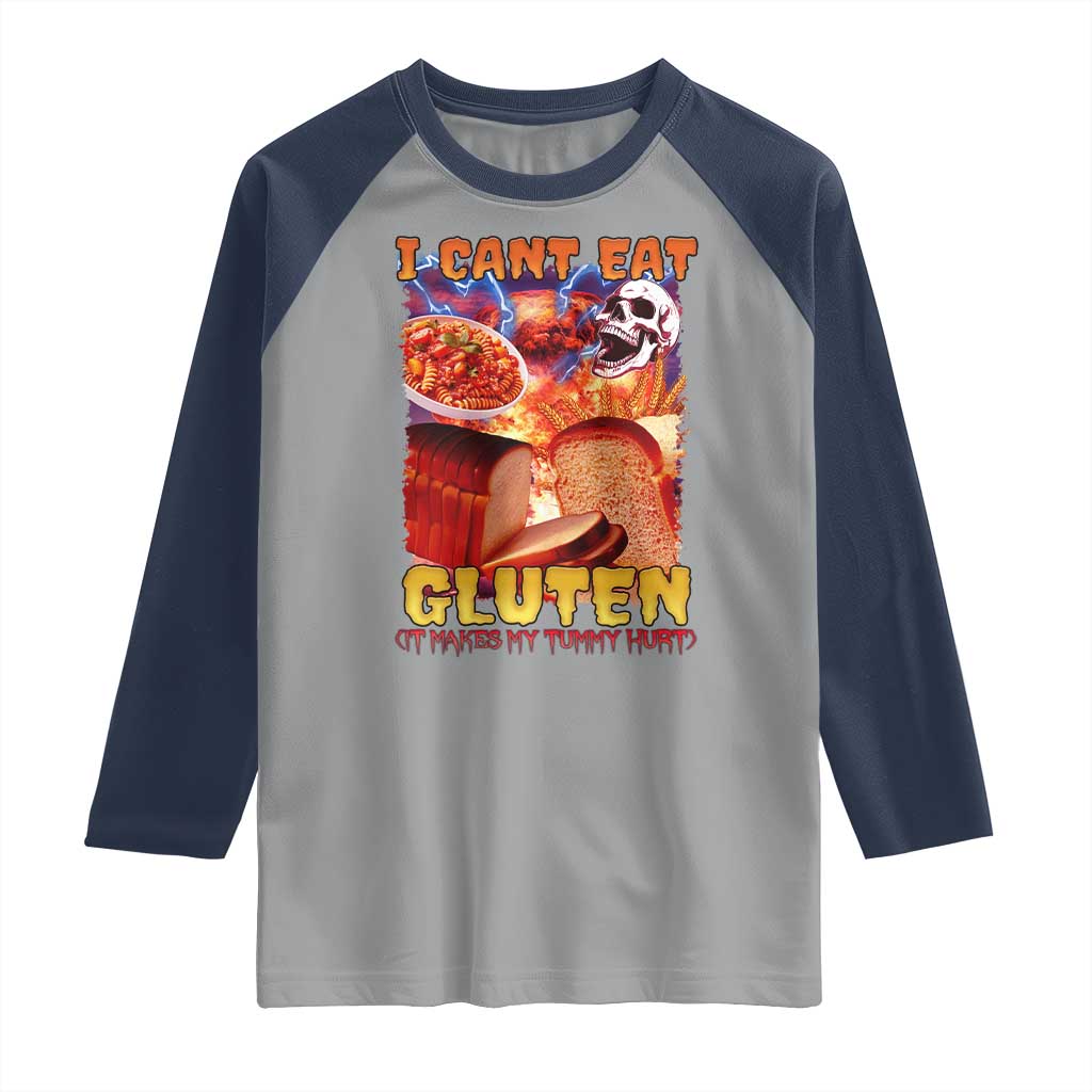 Funny Gluten Intolerance Raglan Shirt I Can't Eat Gluten It Makes My Tummy Hurt Skeleton Meme TS02 Sport Gray Navy Print Your Wear