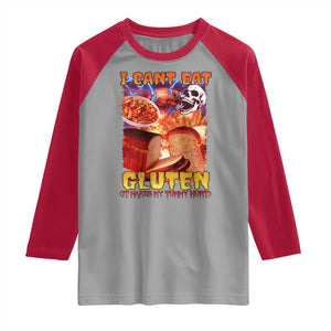 Funny Gluten Intolerance Raglan Shirt I Can't Eat Gluten It Makes My Tummy Hurt Skeleton Meme TS02 Sport Gray Red Print Your Wear