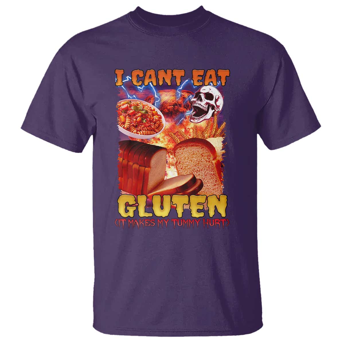 Funny Gluten Intolerance T Shirt I Can't Eat Gluten It Makes My Tummy Hurt Skeleton Meme TS02 Purple Print Your Wear