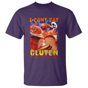 Funny Gluten Intolerance T Shirt I Can't Eat Gluten It Makes My Tummy Hurt Skeleton Meme TS02 Purple Print Your Wear
