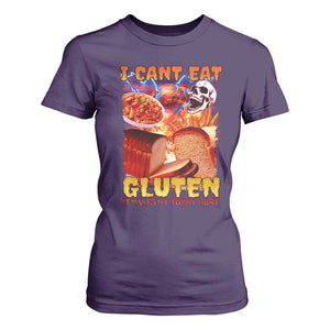 Funny Gluten Intolerance T Shirt For Women I Can't Eat Gluten It Makes My Tummy Hurt Skeleton Meme TS02 Purple Print Your Wear