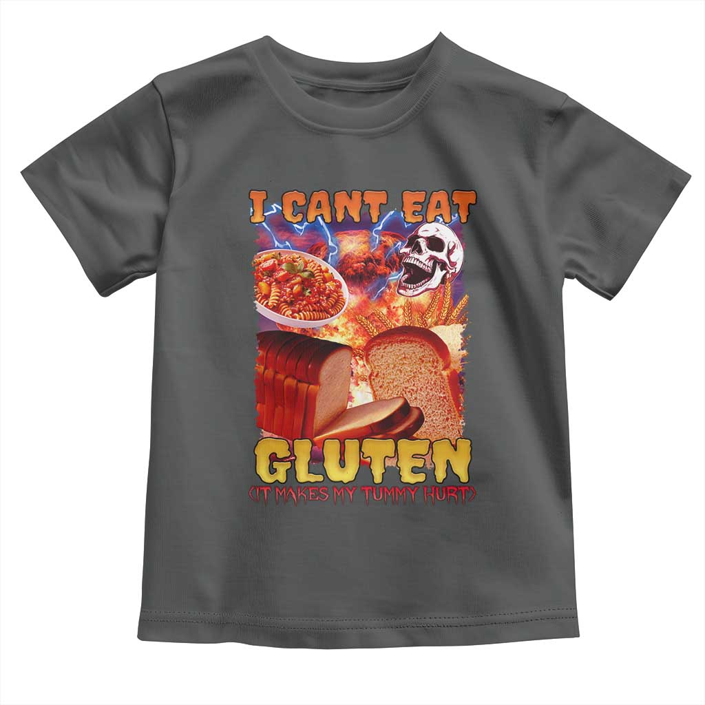 Funny Gluten Intolerance Toddler T Shirt I Can't Eat Gluten It Makes My Tummy Hurt Skeleton Meme TS02 Dark Heather Print Your Wear