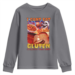 Funny Gluten Intolerance Youth Sweatshirt I Can't Eat Gluten It Makes My Tummy Hurt Skeleton Meme TS02 Charcoal Print Your Wear
