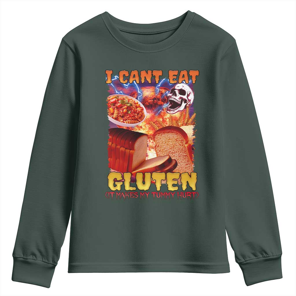 Funny Gluten Intolerance Youth Sweatshirt I Can't Eat Gluten It Makes My Tummy Hurt Skeleton Meme TS02 Dark Forest Green Print Your Wear