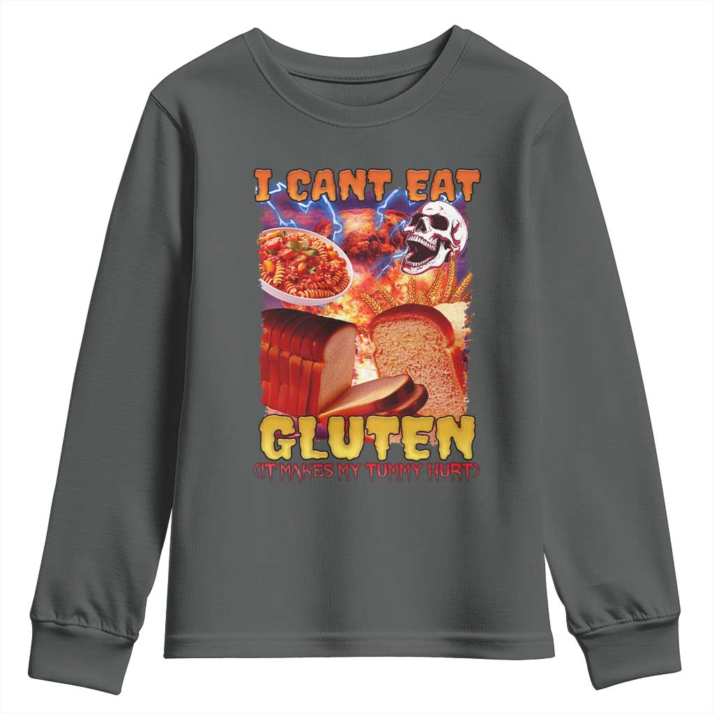 Funny Gluten Intolerance Youth Sweatshirt I Can't Eat Gluten It Makes My Tummy Hurt Skeleton Meme TS02 Dark Heather Print Your Wear