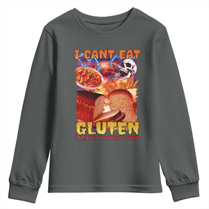 Funny Gluten Intolerance Youth Sweatshirt I Can't Eat Gluten It Makes My Tummy Hurt Skeleton Meme TS02 Dark Heather Print Your Wear