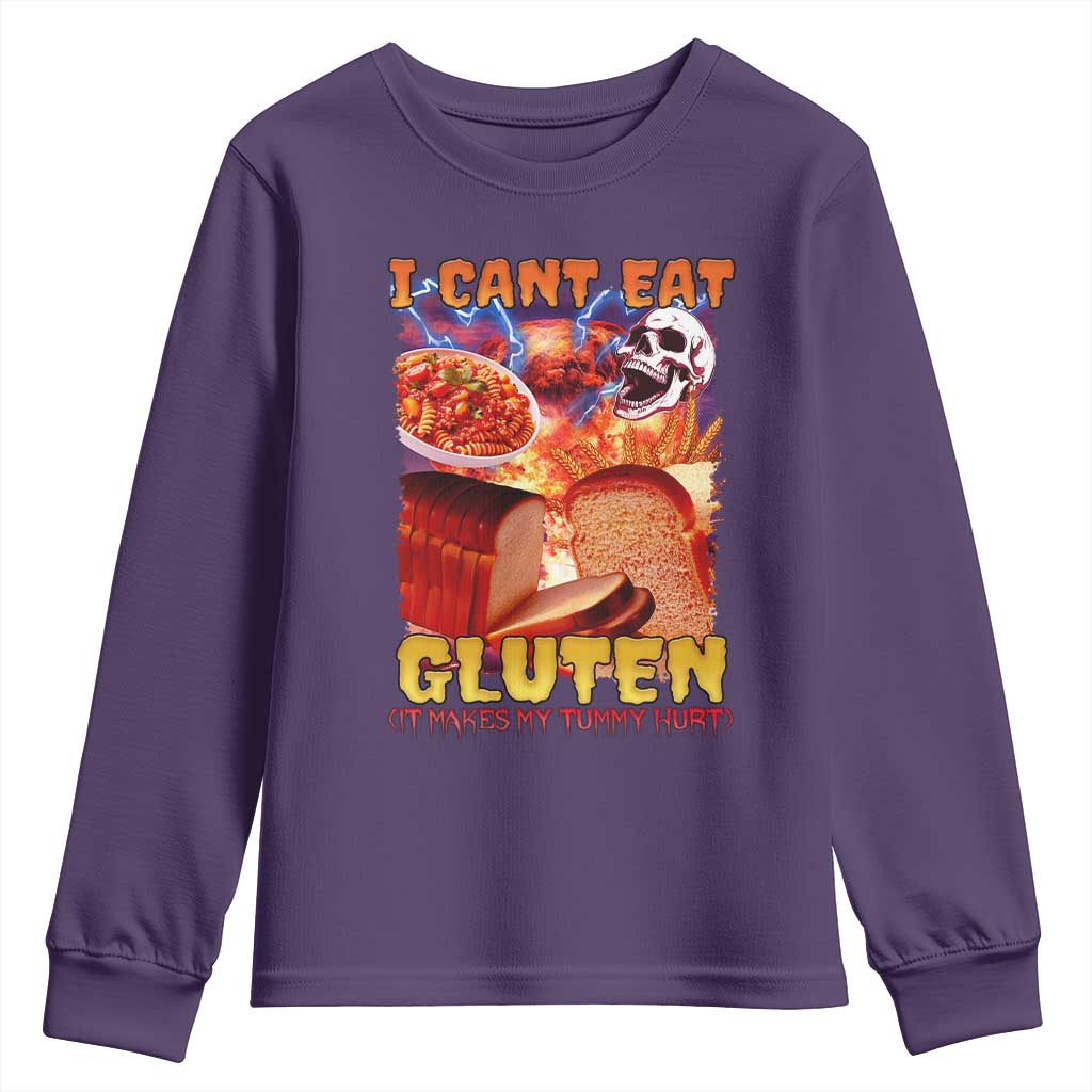 Funny Gluten Intolerance Youth Sweatshirt I Can't Eat Gluten It Makes My Tummy Hurt Skeleton Meme TS02 Purple Print Your Wear