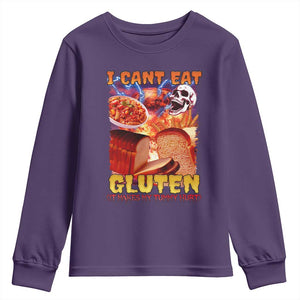 Funny Gluten Intolerance Youth Sweatshirt I Can't Eat Gluten It Makes My Tummy Hurt Skeleton Meme TS02 Purple Print Your Wear