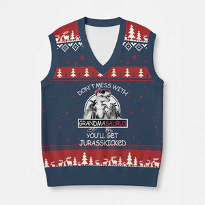 Funny Grandma Dinosaur V-Neck Knit Sweater Vest Dont Mess With Grandmasaurus Youll Get Jurasskicked TS02 Navy Red Print Your Wear