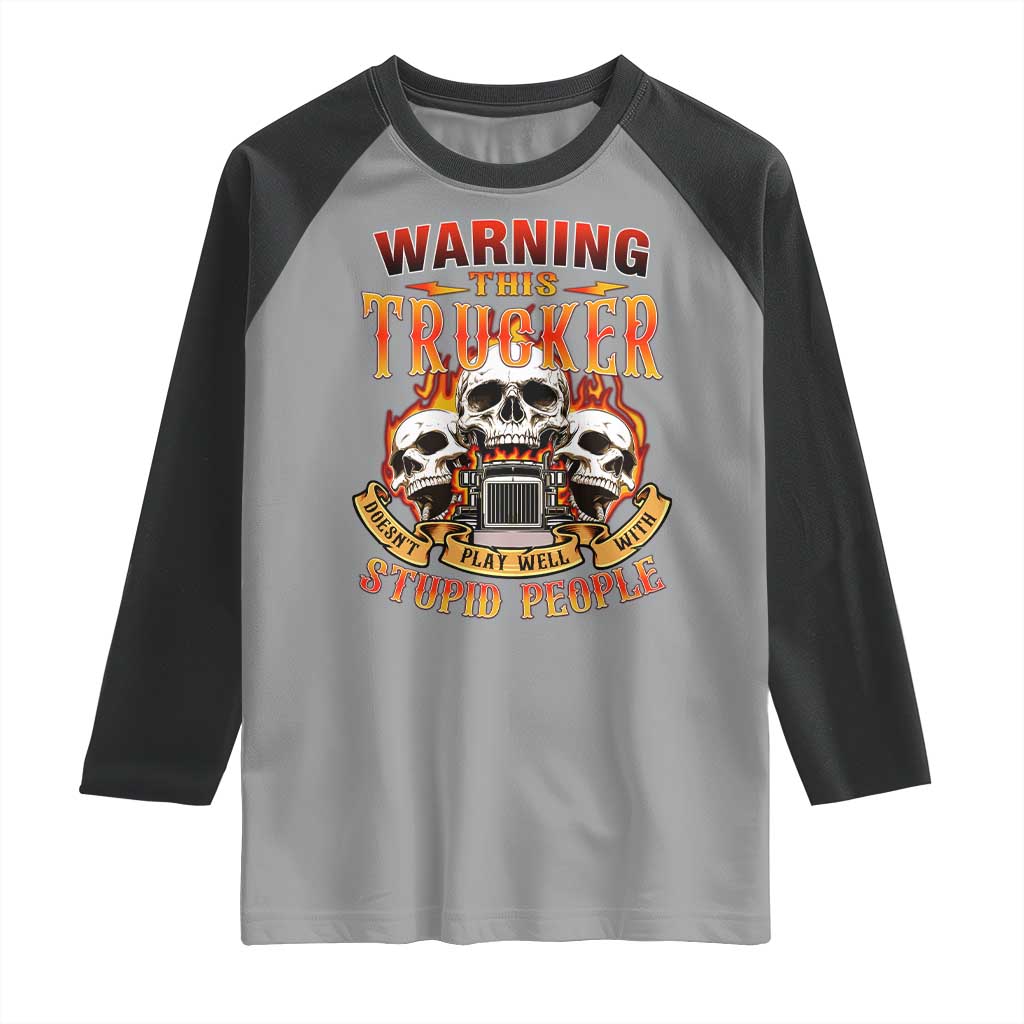 Funny Truck Driver Skull Raglan Shirt Warning This Trucker Doesn't Play Well With Stupid People TS02 Sport Gray Black Print Your Wear