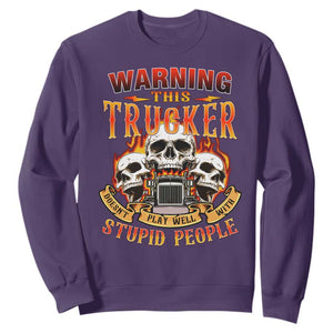 Funny Truck Driver Skull Sweatshirt Warning This Trucker Doesn't Play Well With Stupid People TS02 Purple Print Your Wear