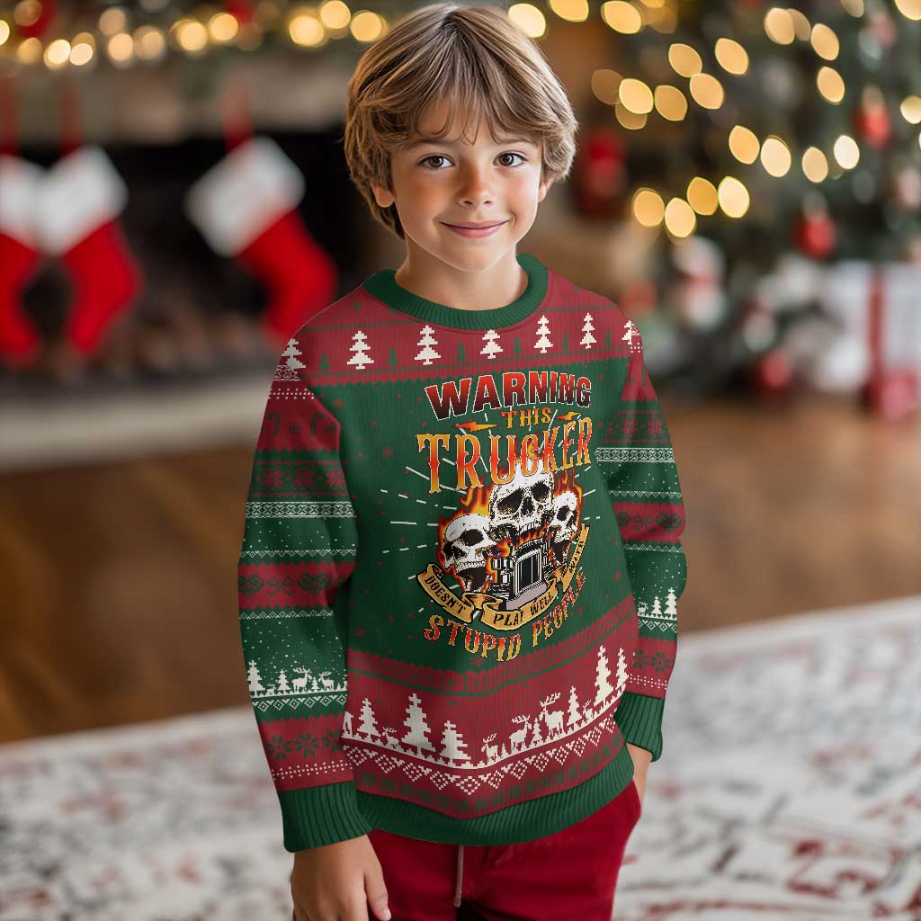 Funny Truck Driver Skull Knit Sweatshirt Warning This Trucker Doesn't Play Well With Stupid People TS02 Christmas Print Your Wear