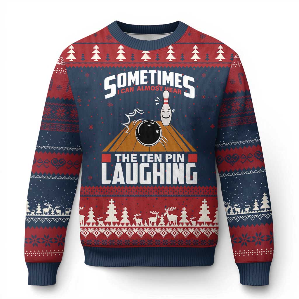 Funny Bowling Ugly Christmas Sweater Hear The Ten Pin Laughing Bowler TS02 Navy Red Print Your Wear
