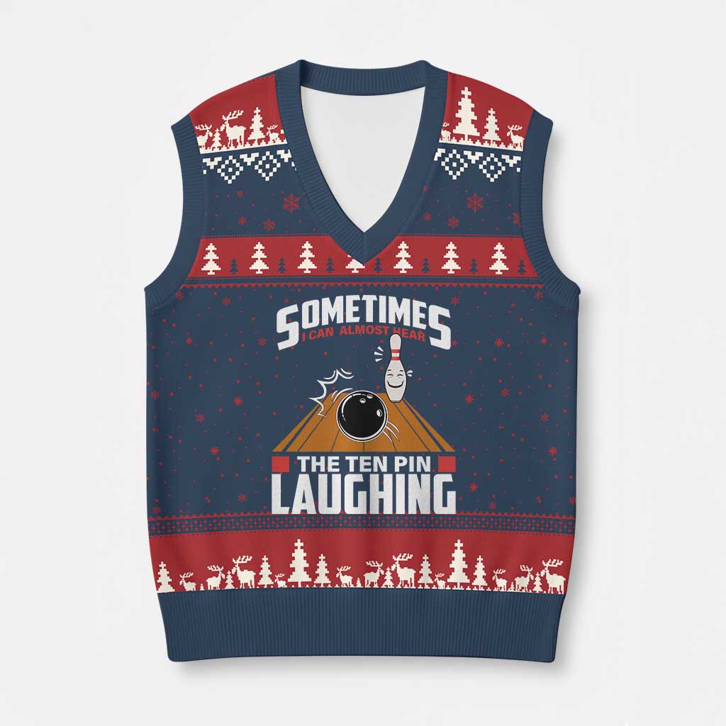 Funny Bowling V-Neck Knit Sweater Vest Hear The Ten Pin Laughing Bowler TS02 Navy Red Print Your Wear