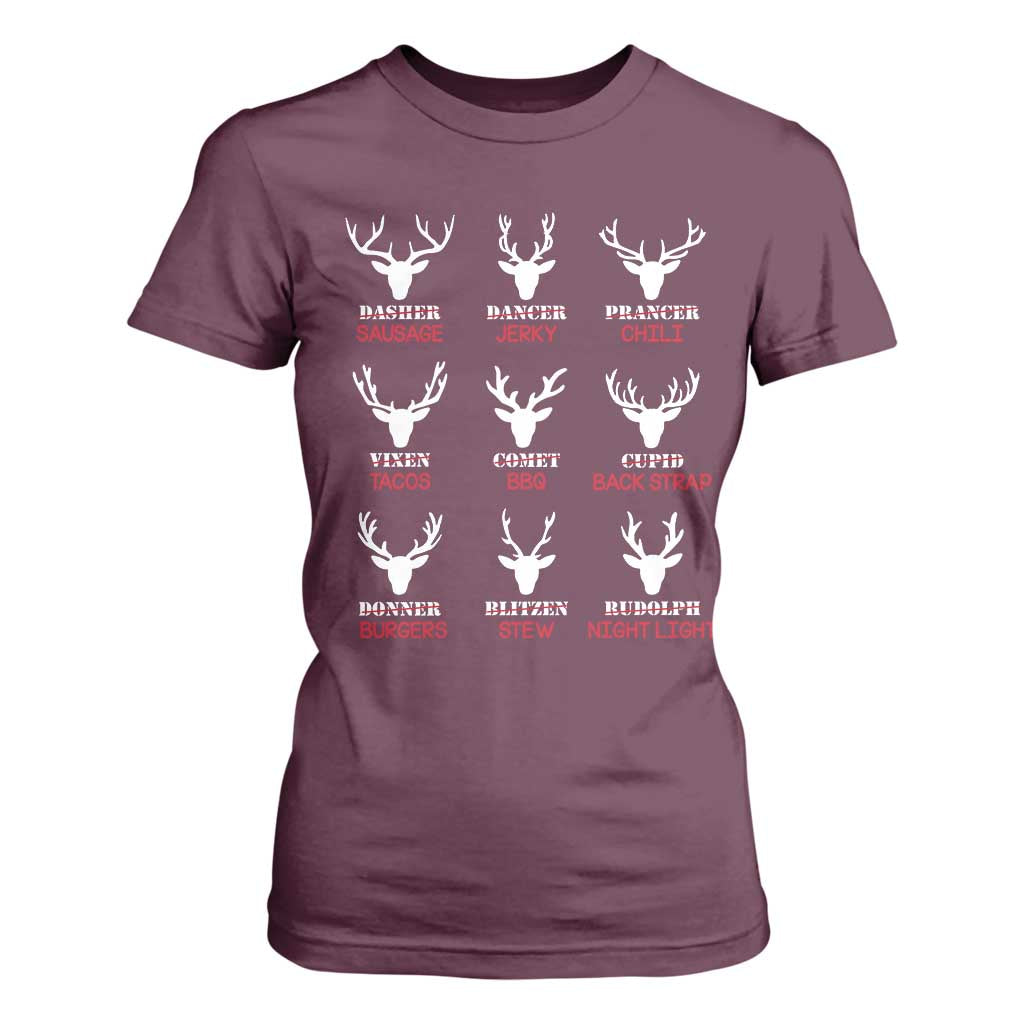 Funny Deer Hunting T Shirt For Women Hunter of All Santa's Reindeer TS02 Maroon Print Your Wear