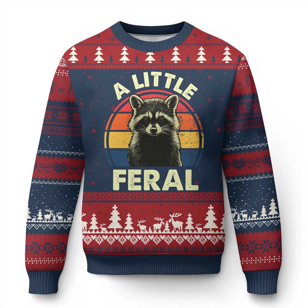Funny Raccoon Ugly Christmas Sweater A Little Feral Trash Panda Meme Retro TS02 Navy Red Print Your Wear