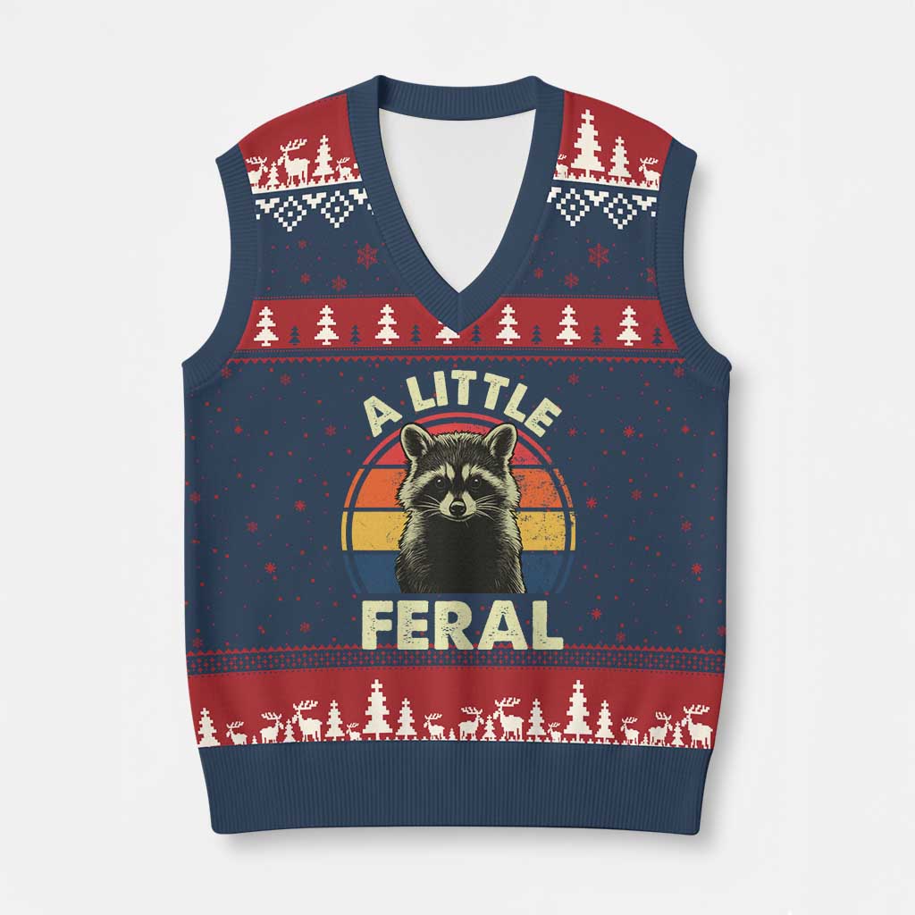 Funny Raccoon V-Neck Knit Sweater Vest A Little Feral Trash Panda Meme Retro TS02 Navy Red Print Your Wear