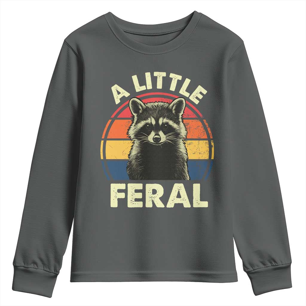 Funny Raccoon Youth Sweatshirt A Little Feral Trash Panda Meme Retro TS02 Dark Heather Print Your Wear