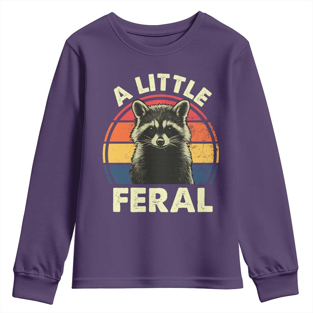 Funny Raccoon Youth Sweatshirt A Little Feral Trash Panda Meme Retro TS02 Purple Print Your Wear