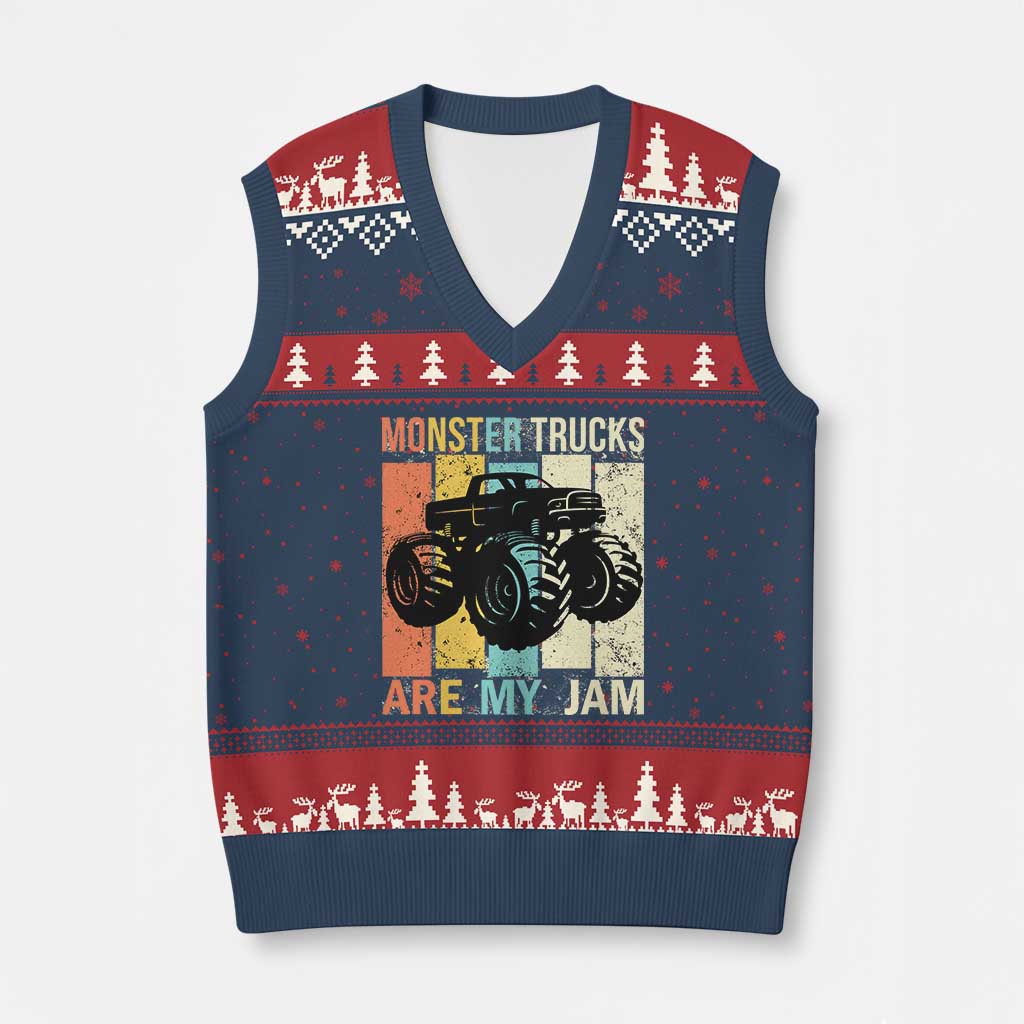 Monster Trucks Are My Jam V-Neck Knit Sweater Vest Vintage Retro TS02 Navy Red Print Your Wear