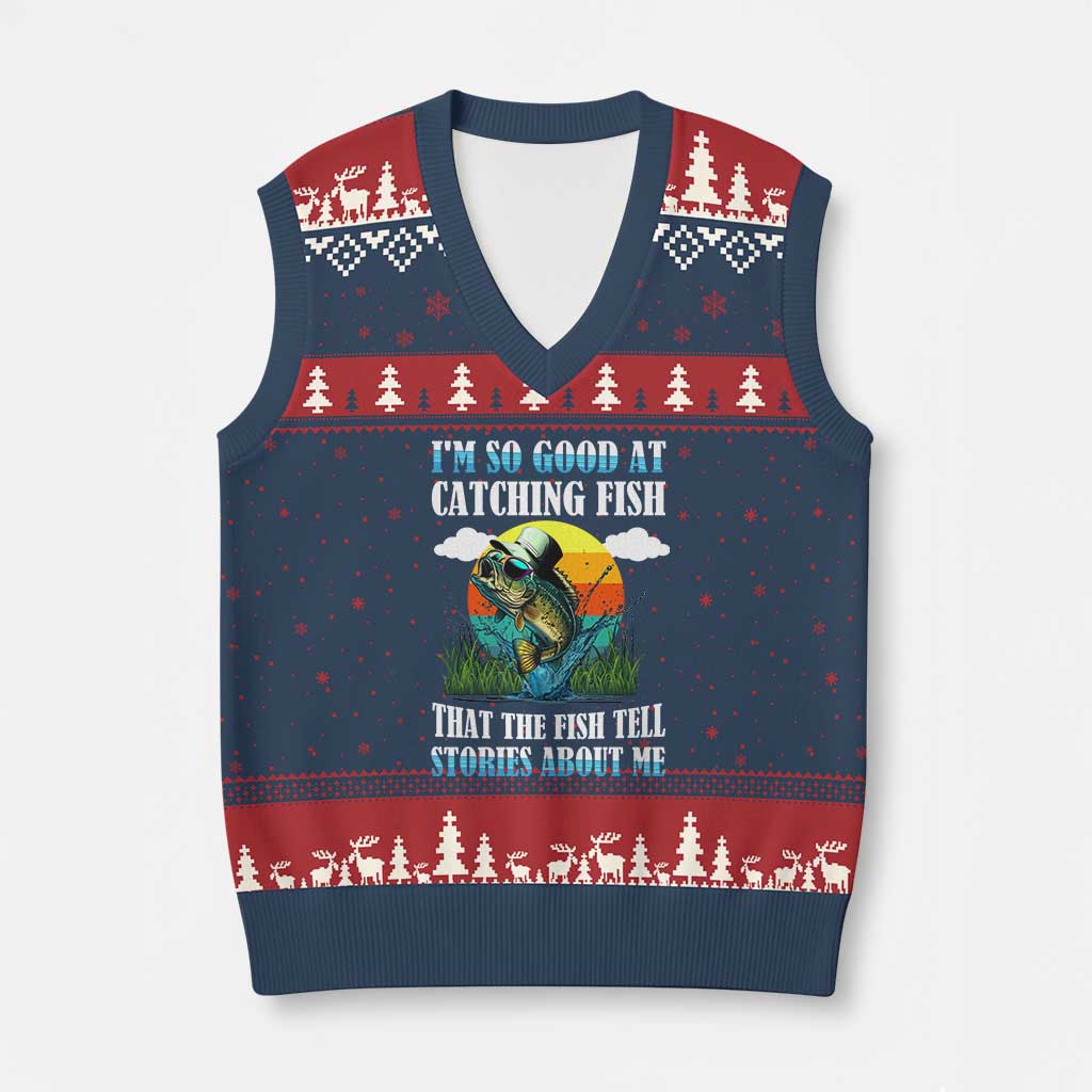 Funny Fishing V-Neck Knit Sweater Vest I'm So Good At Catching Fish That The Fish Tell Stories About Me TS02 Navy Red Print Your Wear