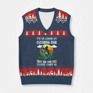 Funny Fishing V-Neck Knit Sweater Vest I'm So Good At Catching Fish That The Fish Tell Stories About Me TS02 Navy Red Print Your Wear