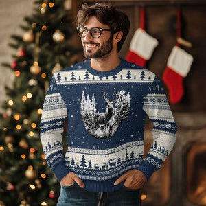 Deer Hunting Ugly Christmas Sweater Deer Forest Nature Lover Stag Hunter TS02 Navy Beige Print Your Wear