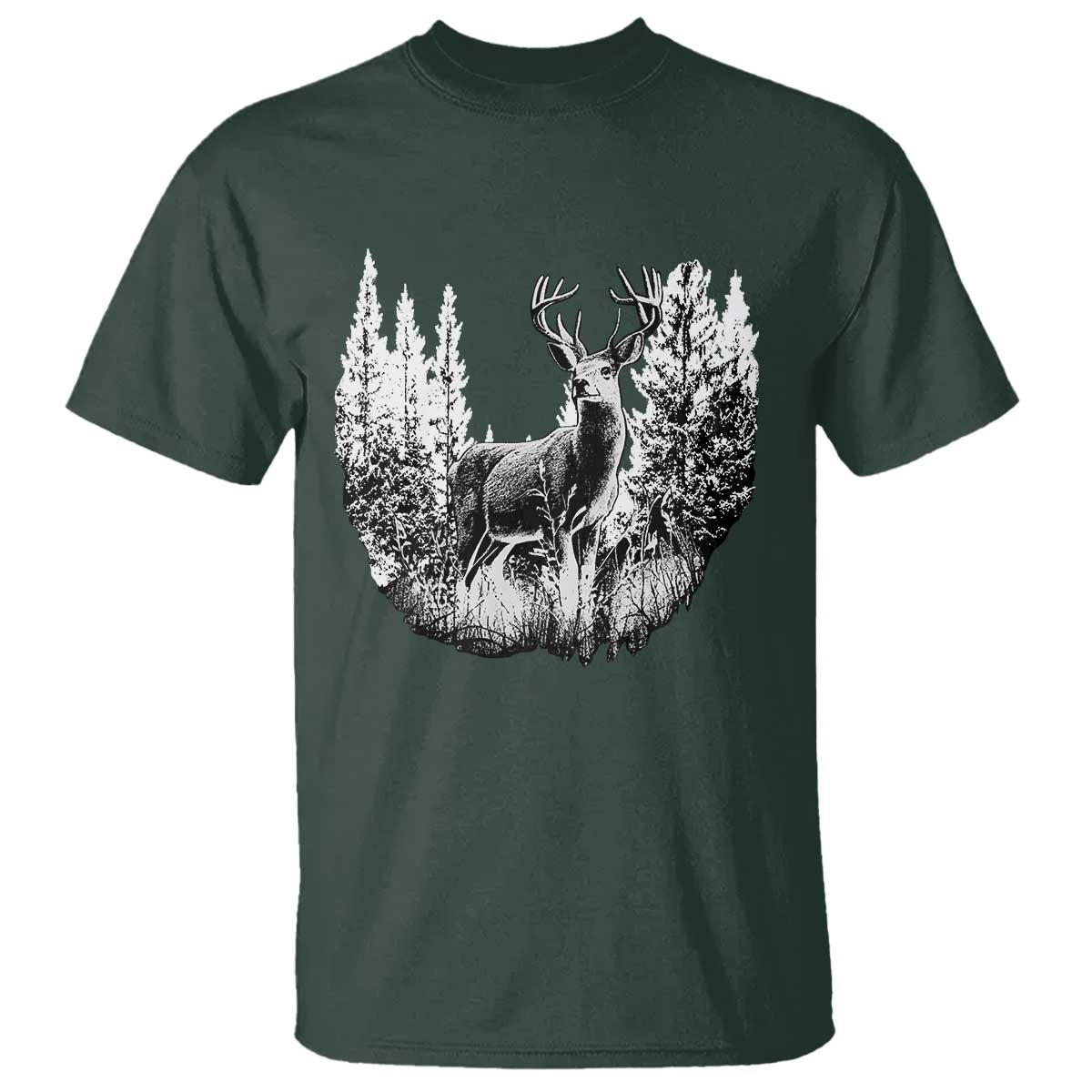 Deer Hunting T Shirt Deer Forest Nature Lover Stag Hunter TS02 Dark Forest Green Print Your Wear