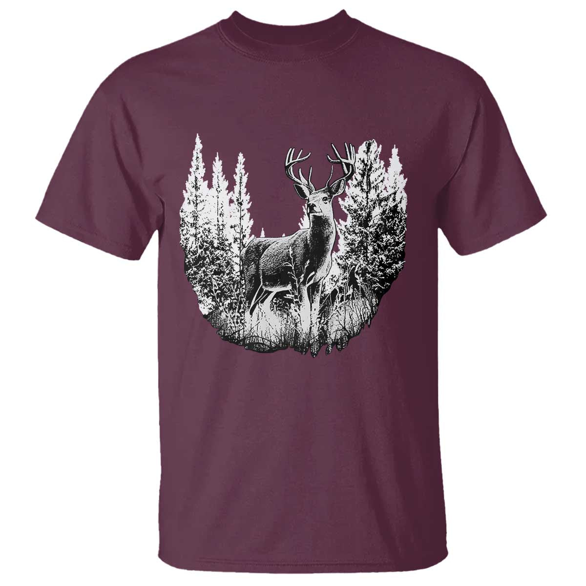 Deer Hunting T Shirt Deer Forest Nature Lover Stag Hunter TS02 Maroon Print Your Wear