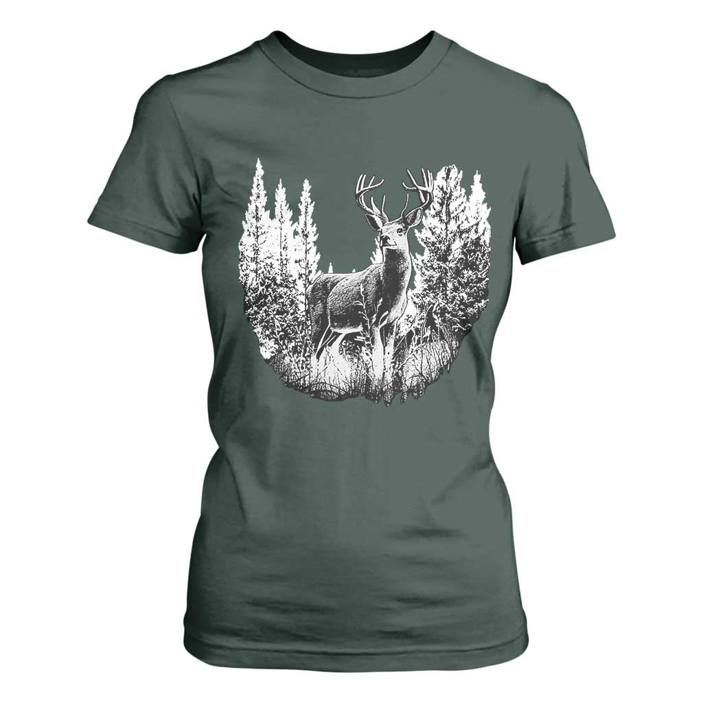 Deer Hunting T Shirt For Women Deer Forest Nature Lover Stag Hunter TS02 Dark Forest Green Print Your Wear