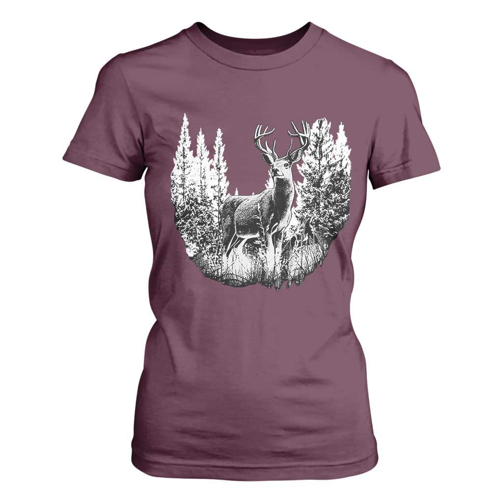Deer Hunting T Shirt For Women Deer Forest Nature Lover Stag Hunter TS02 Maroon Print Your Wear