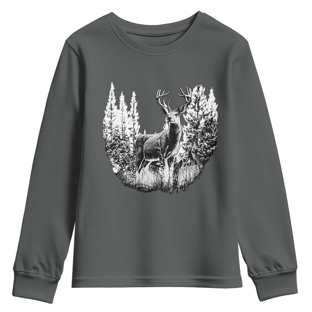 Deer Hunting Youth Sweatshirt Deer Forest Nature Lover Stag Hunter TS02 Dark Heather Print Your Wear