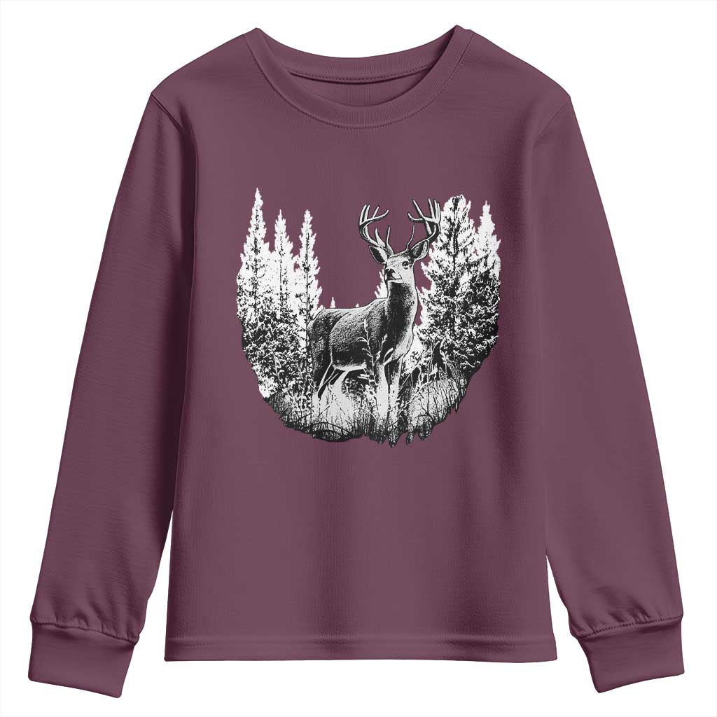 Deer Hunting Youth Sweatshirt Deer Forest Nature Lover Stag Hunter TS02 Maroon Print Your Wear