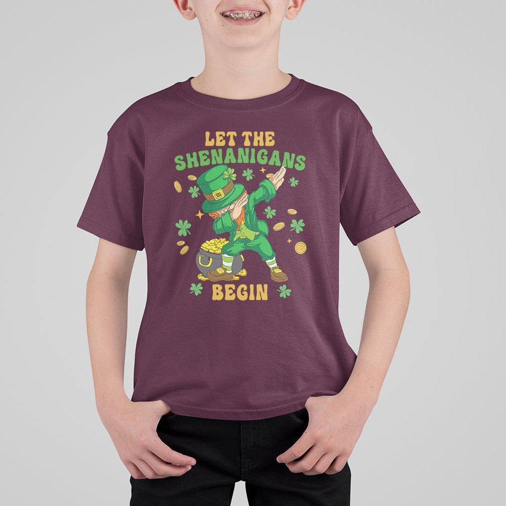Funny St. Patricks Day T Shirt For Kid Let The Shenanigans Begin Dabbing Leprechaun TS02 Maroon Printyourwear
