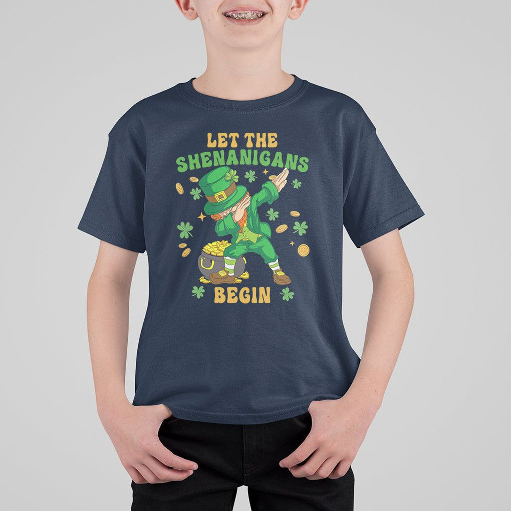 Funny St. Patricks Day T Shirt For Kid Let The Shenanigans Begin Dabbing Leprechaun TS02 Navy Printyourwear