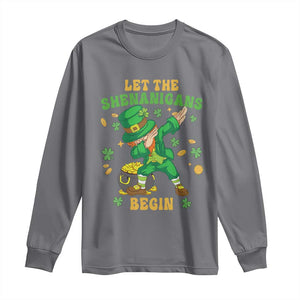 Funny St Patricks Day Long Sleeve Shirt Let The Shenanigans Begin Dabbing Leprechaun TS02 Charcoal Print Your Wear