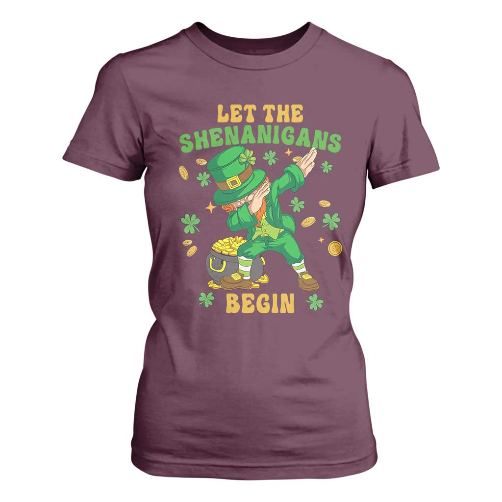 Funny St Patricks Day T Shirt For Women Let The Shenanigans Begin Dabbing Leprechaun TS02 Maroon Print Your Wear