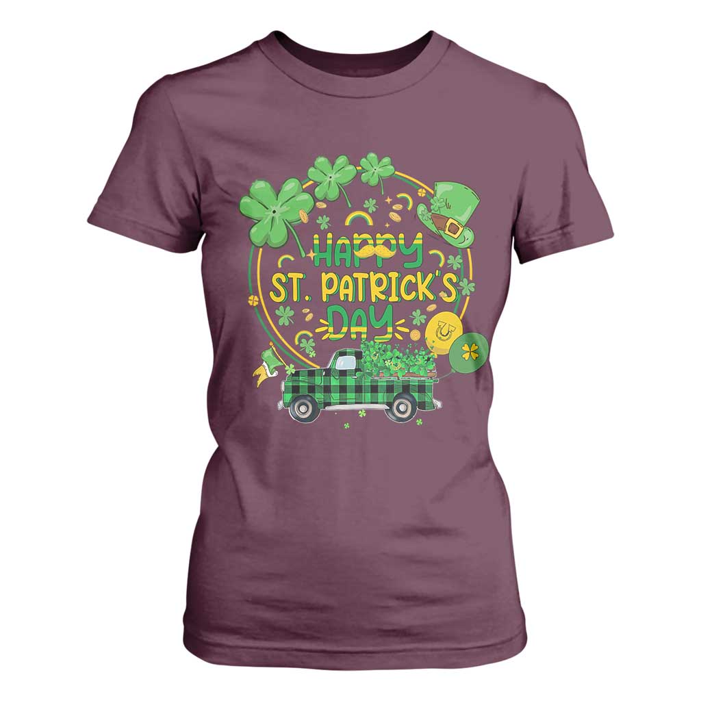 Happy StPatricks Day T Shirt For Women Patty's Day Truck Loads of Shamrocks and Lucky Charm TS02 Maroon Print Your Wear