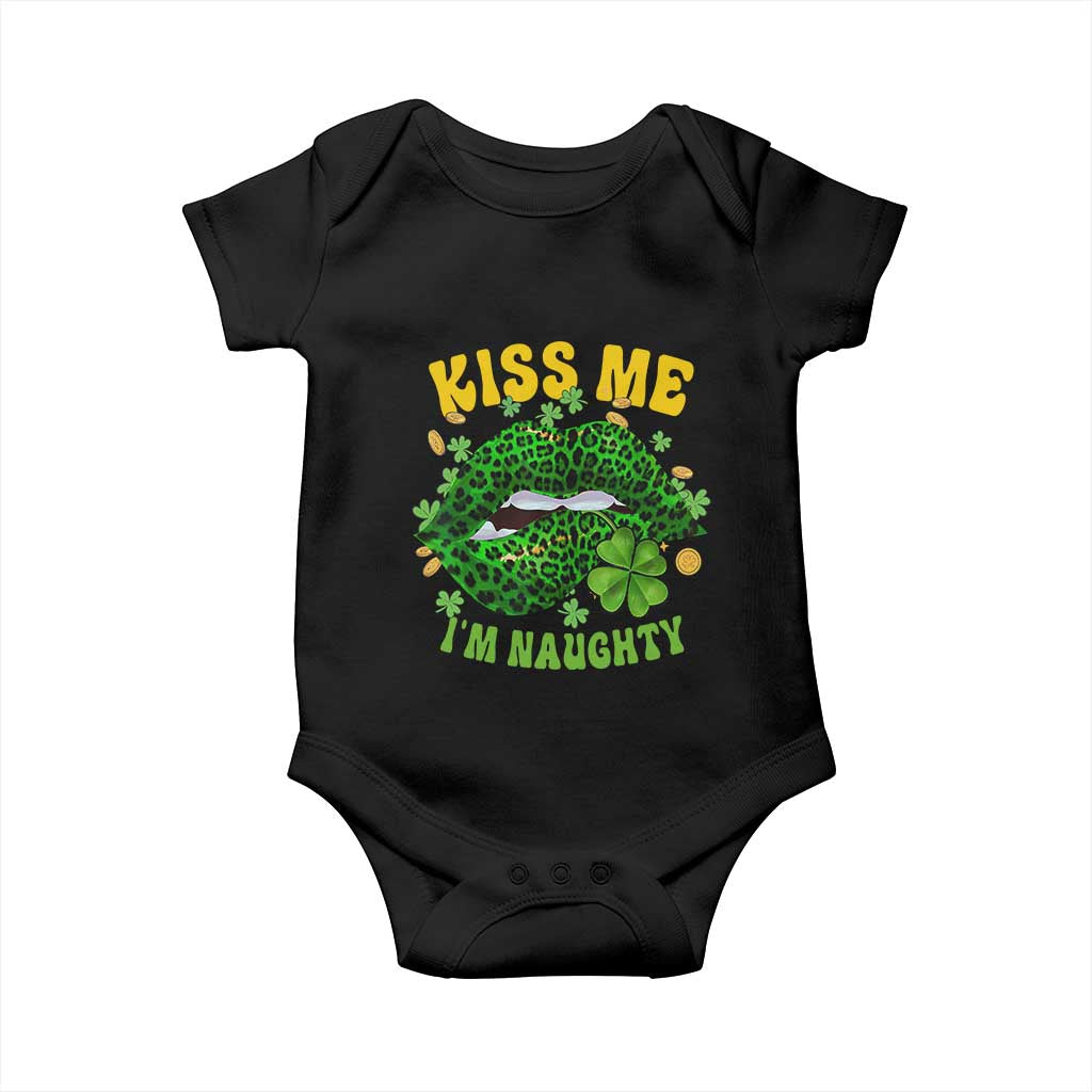 Funny St Patricks Day Baby Onesie Kiss Me I'm Naughty Irish Women Leopard Biting Lips TS02 Black Print Your Wear