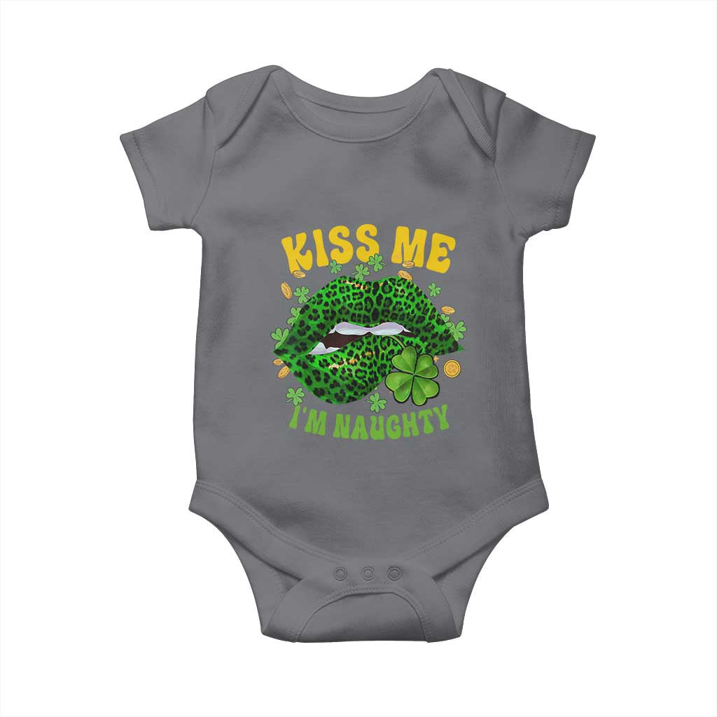 Funny St Patricks Day Baby Onesie Kiss Me I'm Naughty Irish Women Leopard Biting Lips TS02 Charcoal Print Your Wear