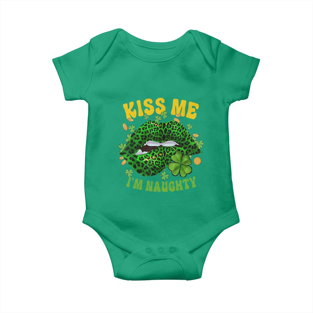 Funny St Patricks Day Baby Onesie Kiss Me I'm Naughty Irish Women Leopard Biting Lips TS02 Irish Green Print Your Wear