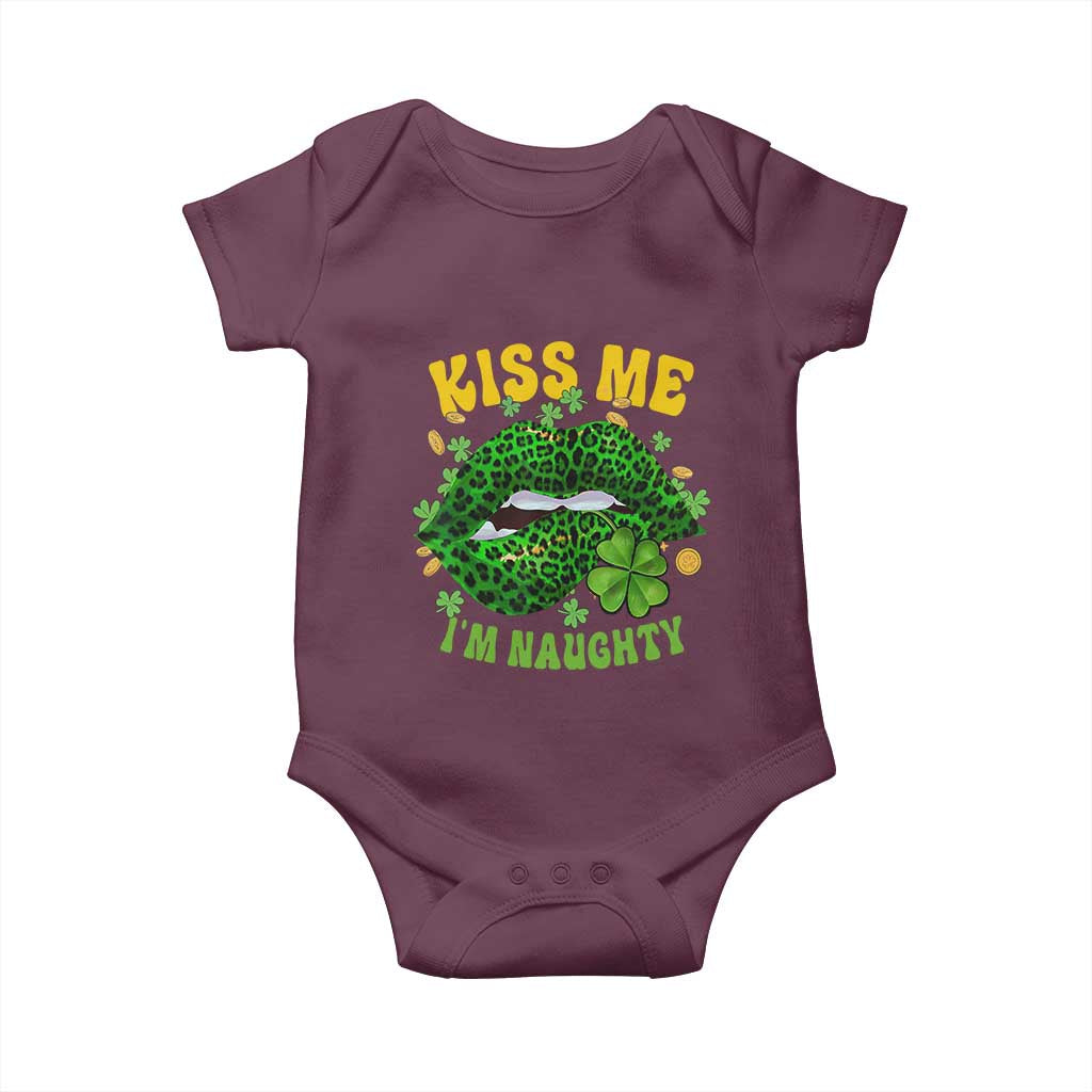 Funny St Patricks Day Baby Onesie Kiss Me I'm Naughty Irish Women Leopard Biting Lips TS02 Maroon Print Your Wear