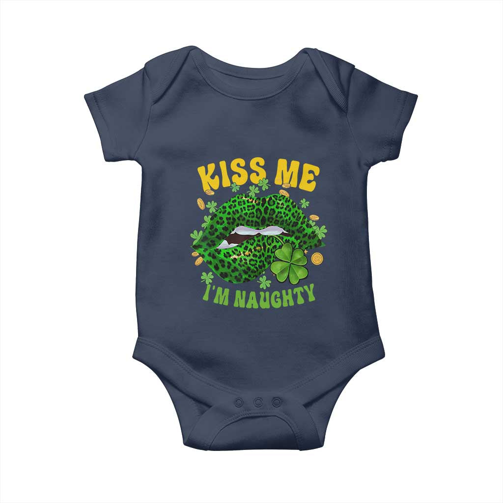 Funny St Patricks Day Baby Onesie Kiss Me I'm Naughty Irish Women Leopard Biting Lips TS02 Navy Print Your Wear